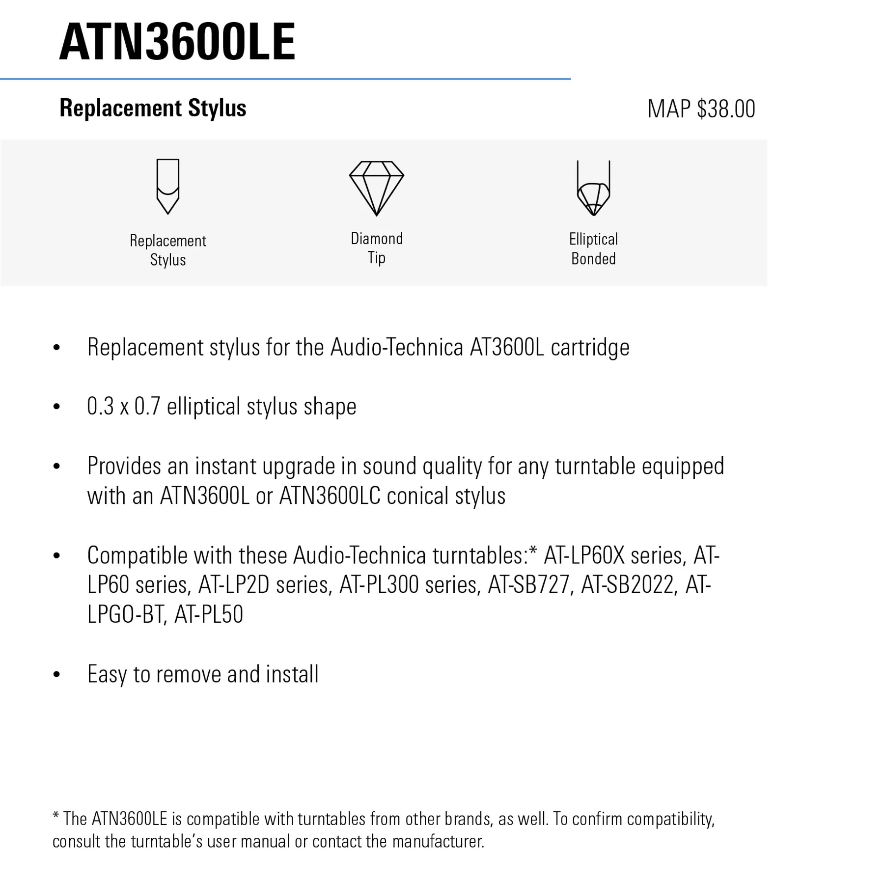 Audio-Technica: ATN3600LE Elliptical Replacement Stylus for AT-LP60X, Denon DP-300F, Sony PS-LX310BT - Image 8