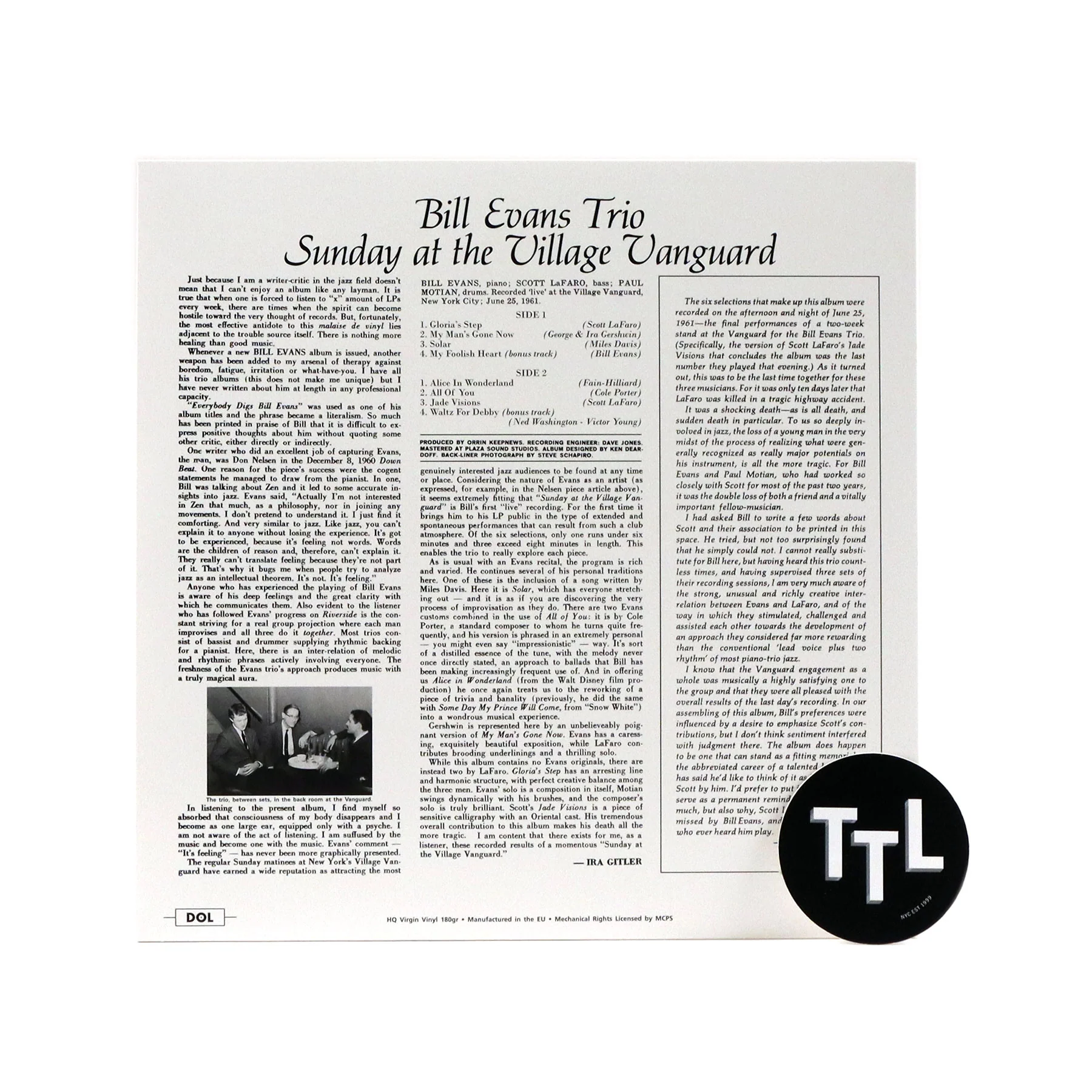 Bill Evans Trio: Sunday At The Village Vanguard (Bonus Tracks) Vinyl LP - Image 2