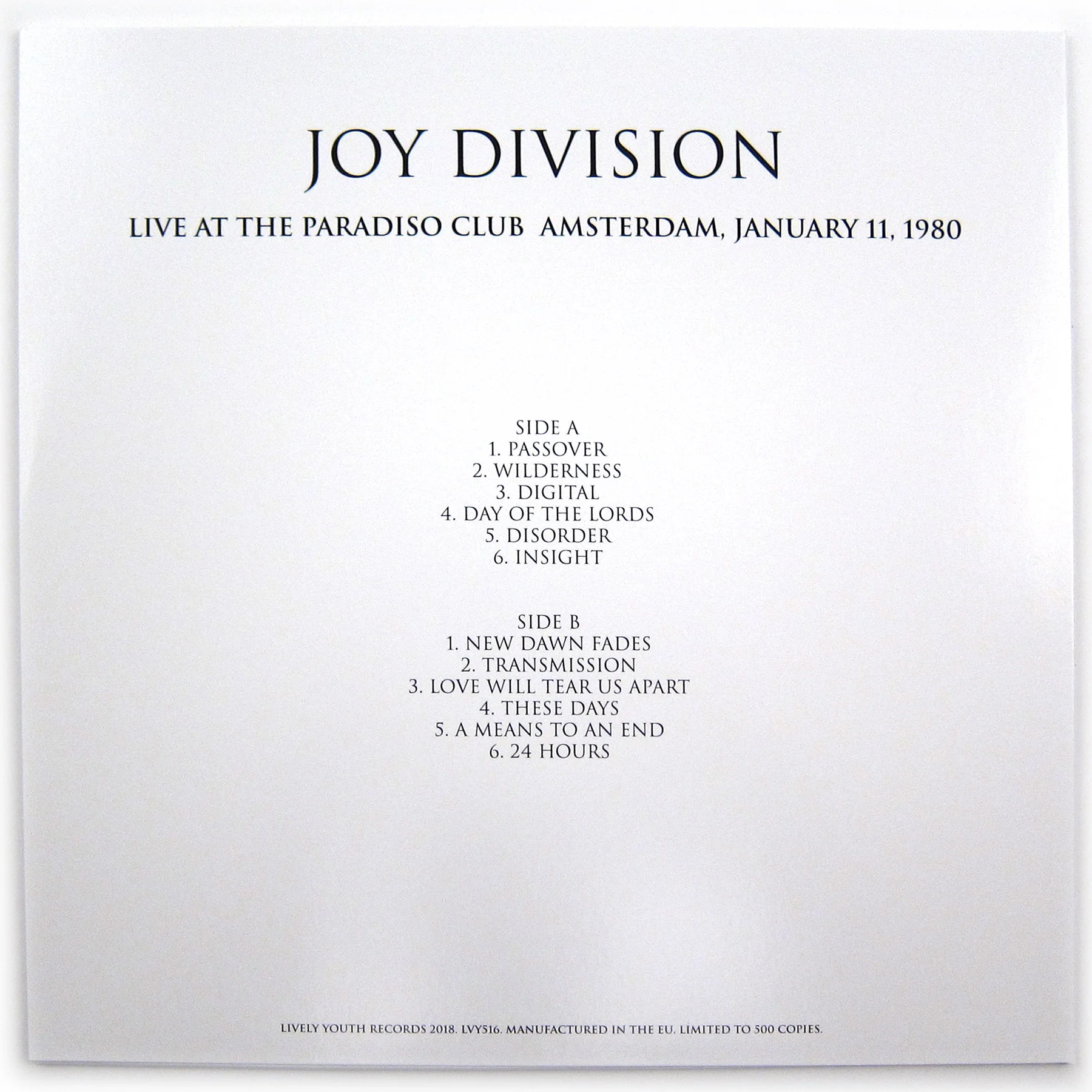 Joy Division: Live At The Paradiso Club, Amsterdam January 11, 1980 LP - Image 2