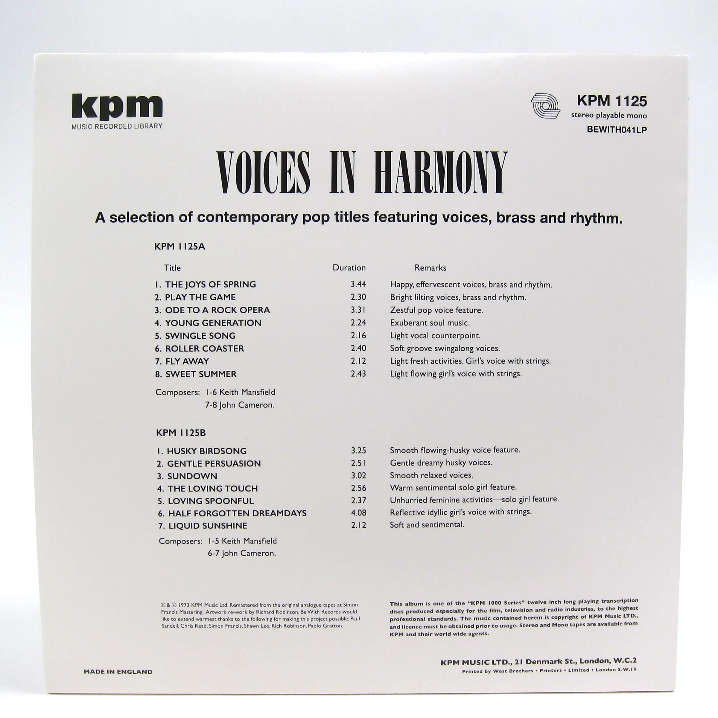 Keith Mansfield / John Cameron: Voices In Harmony (KPM Music Library, 180g) Vinyl LP - Image 2