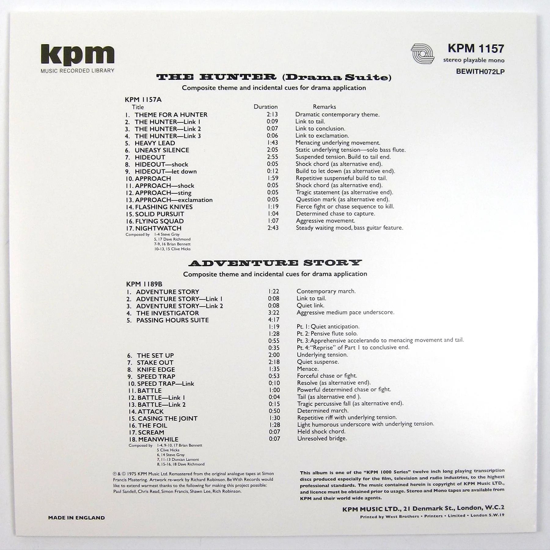 KPM Music Library: The Hunter (Drama Suite) / Adventure Story (180g) Vinyl LP - Image 2