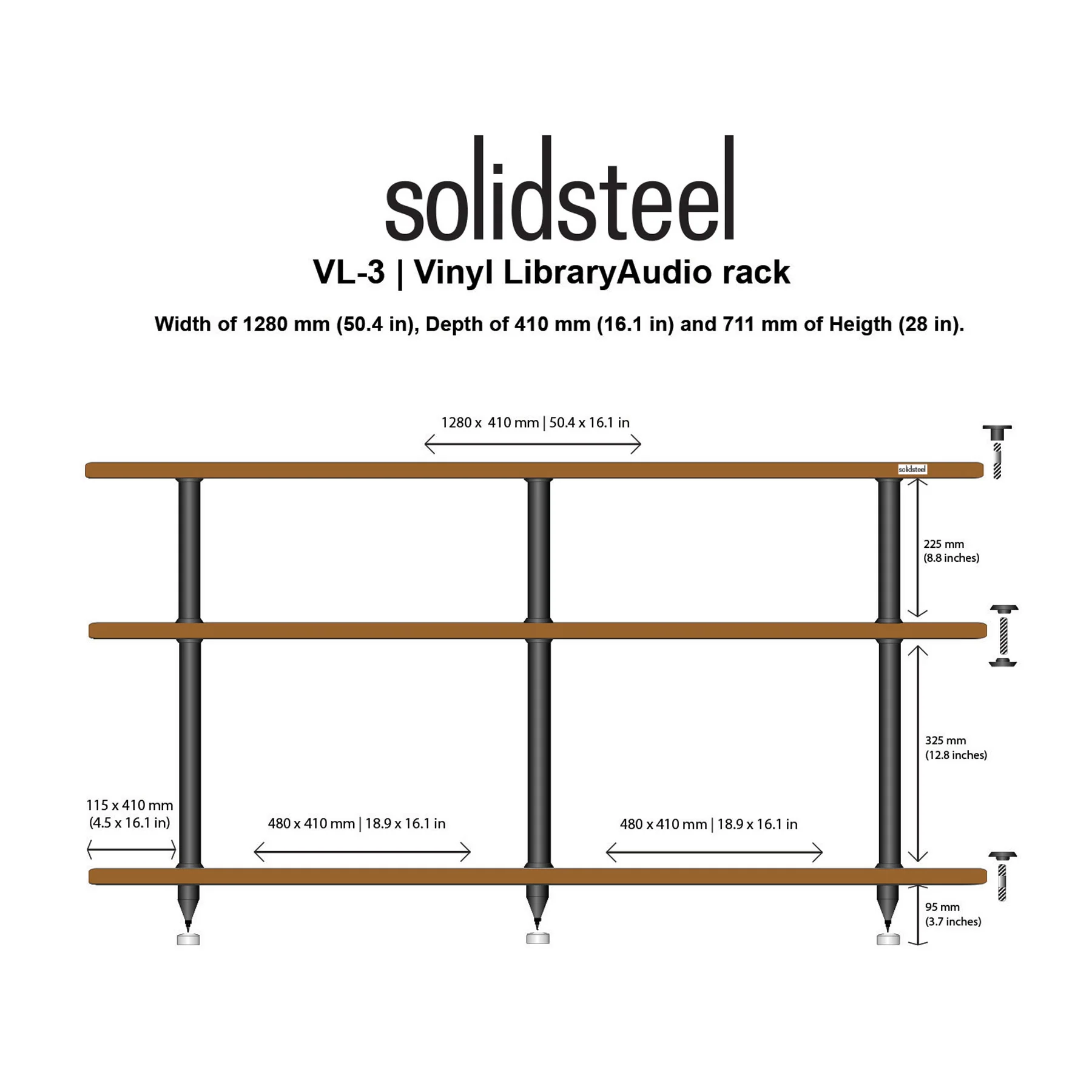 Solidsteel: VL-3 Turntable Shelf + Vinyl Record Storage - Walnut - Image 4