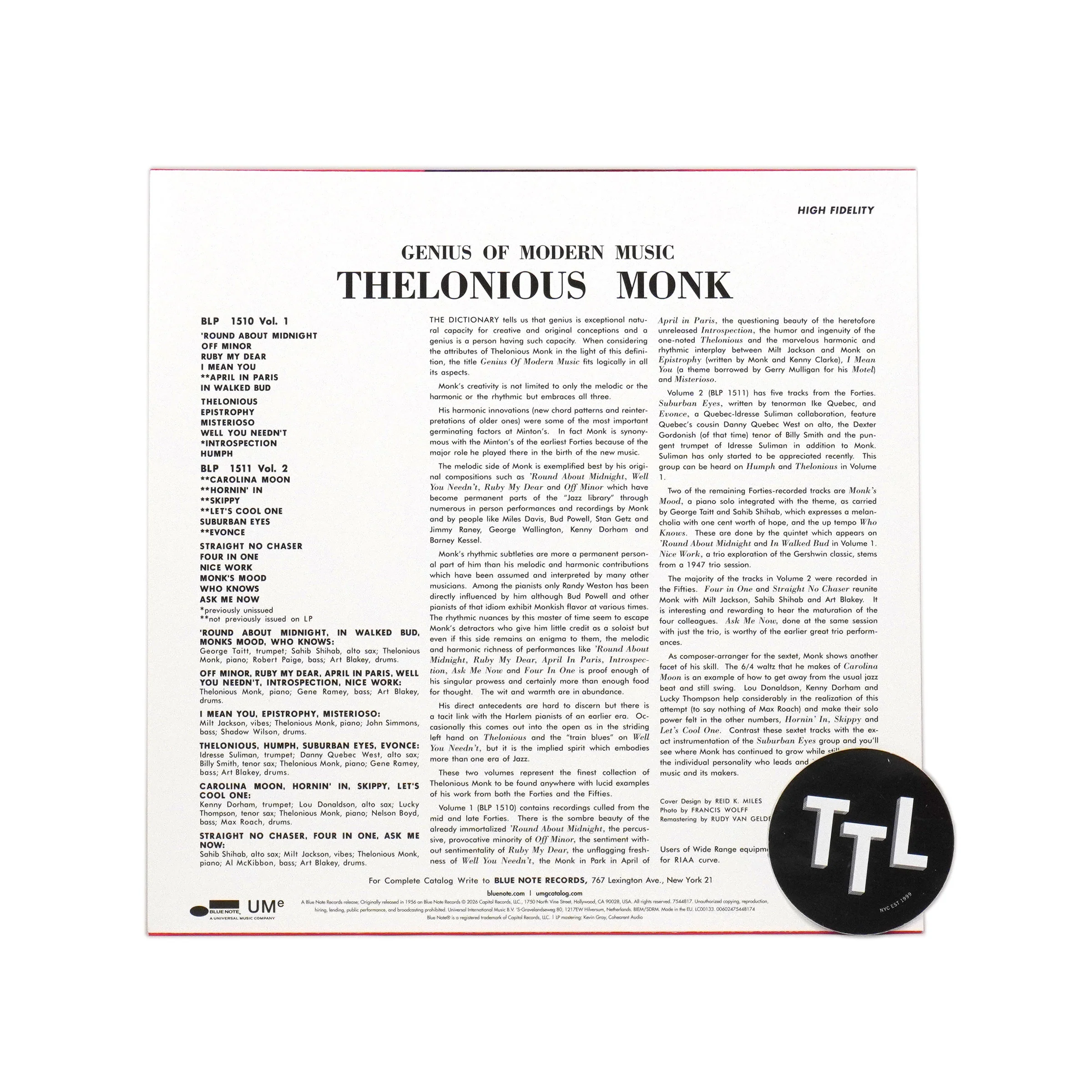 Thelonious Monk: Genius of Modern Music, Vol.2 (180g, Mono) Vinyl LP - Image 2