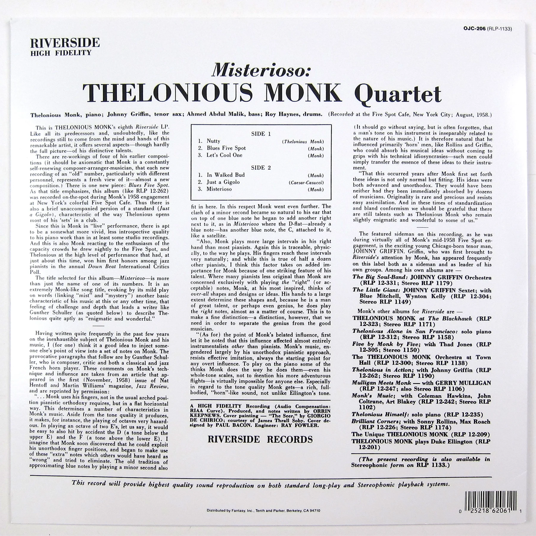 Thelonious Monk Quartet: Misterioso Vinyl LP - Image 2