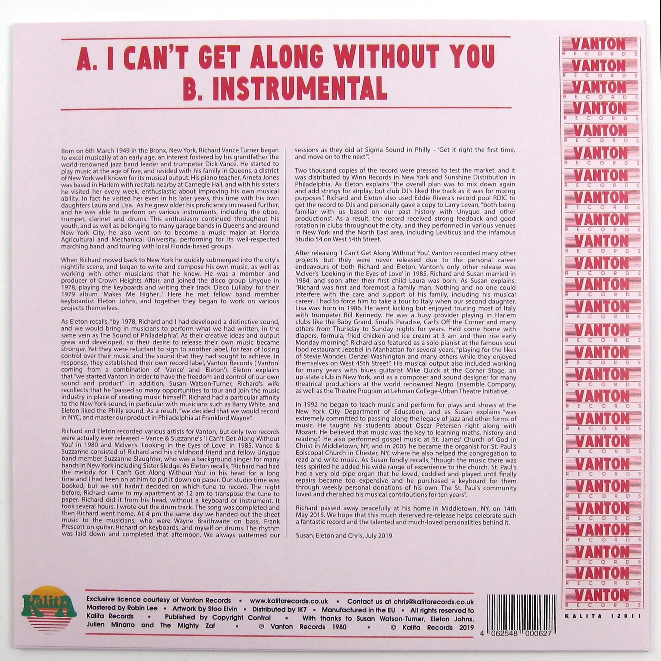 Vance And Suzzanne: I Can't Get Along Without You Vinyl 12" - Image 2